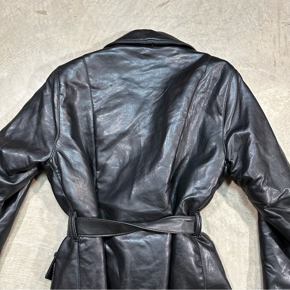 Vintage Black Leather Made in Italy Quilted Interior Trench Coat with Belt ptp21 - Picture 10 of 15
